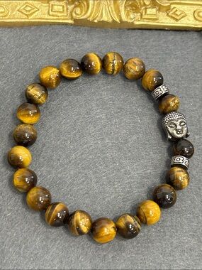 Tiger Eye Beaded Stretch Bracelet with Buddha Accent